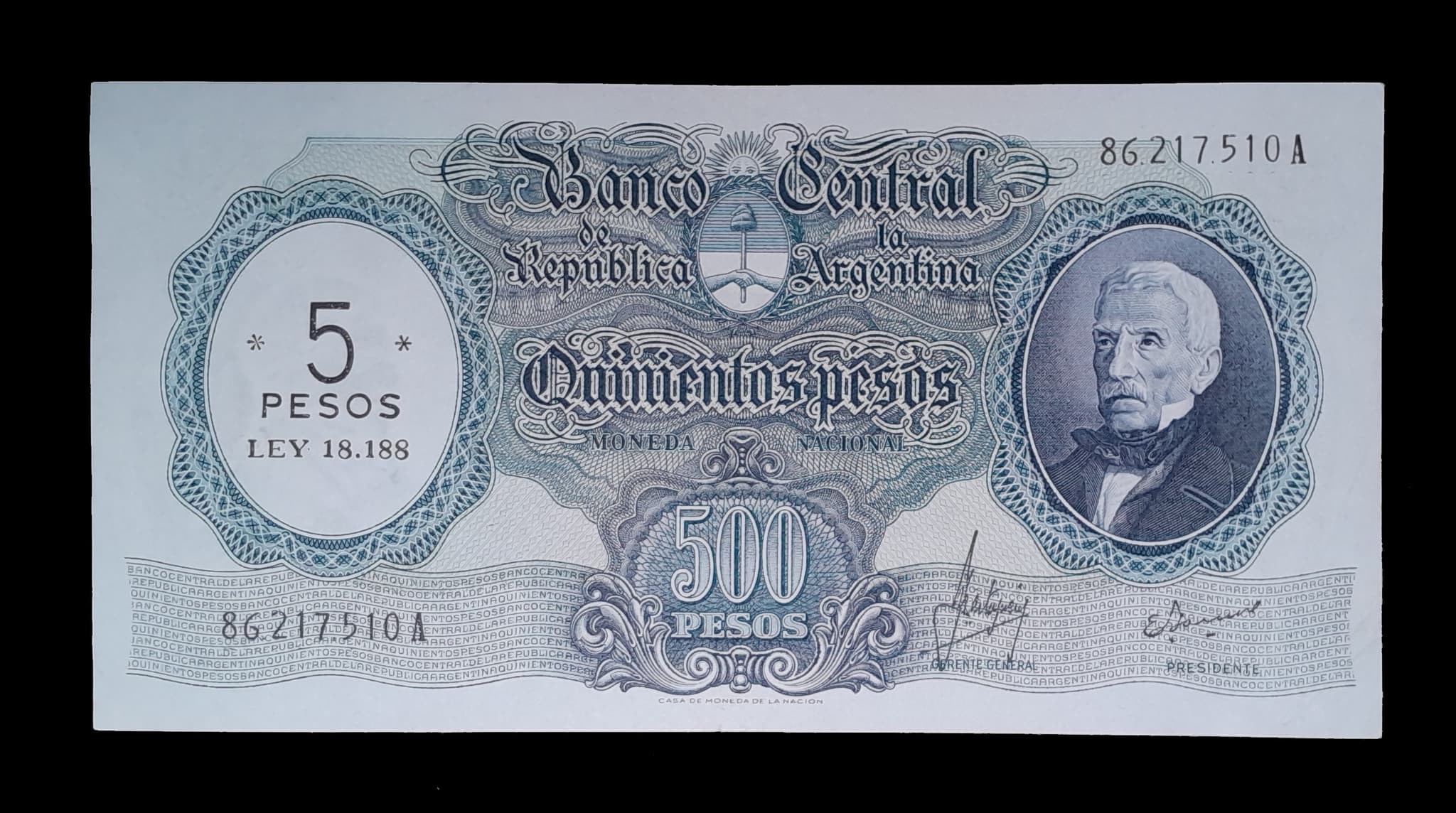 Argentina 5 Pesos Ley s/ 500 Nac. 1970 Serie A Col. 553b