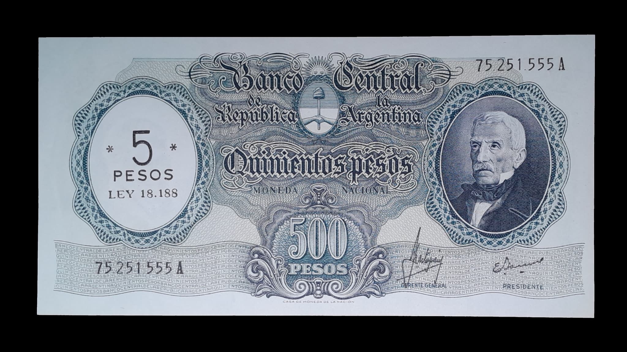 Argentina 5 Pesos Ley S/500 Nac. 1969 Serie A Exc Col. 553a