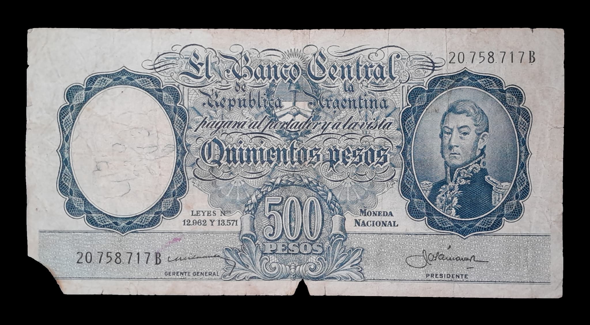 Argentina 500 Pesos Mon. Nac Serie B 1957 Reg Col. 515b
