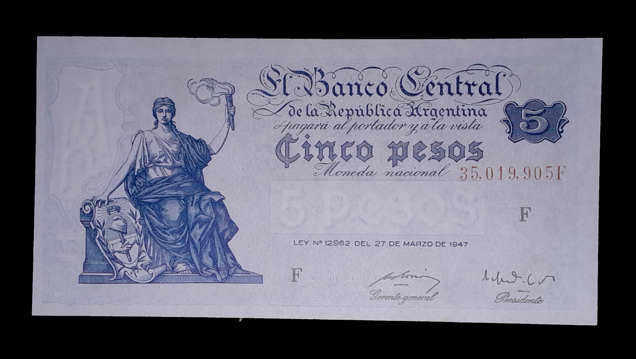 Argentina 5 Pesos Progreso 1950 Serie F SC Col. 425b