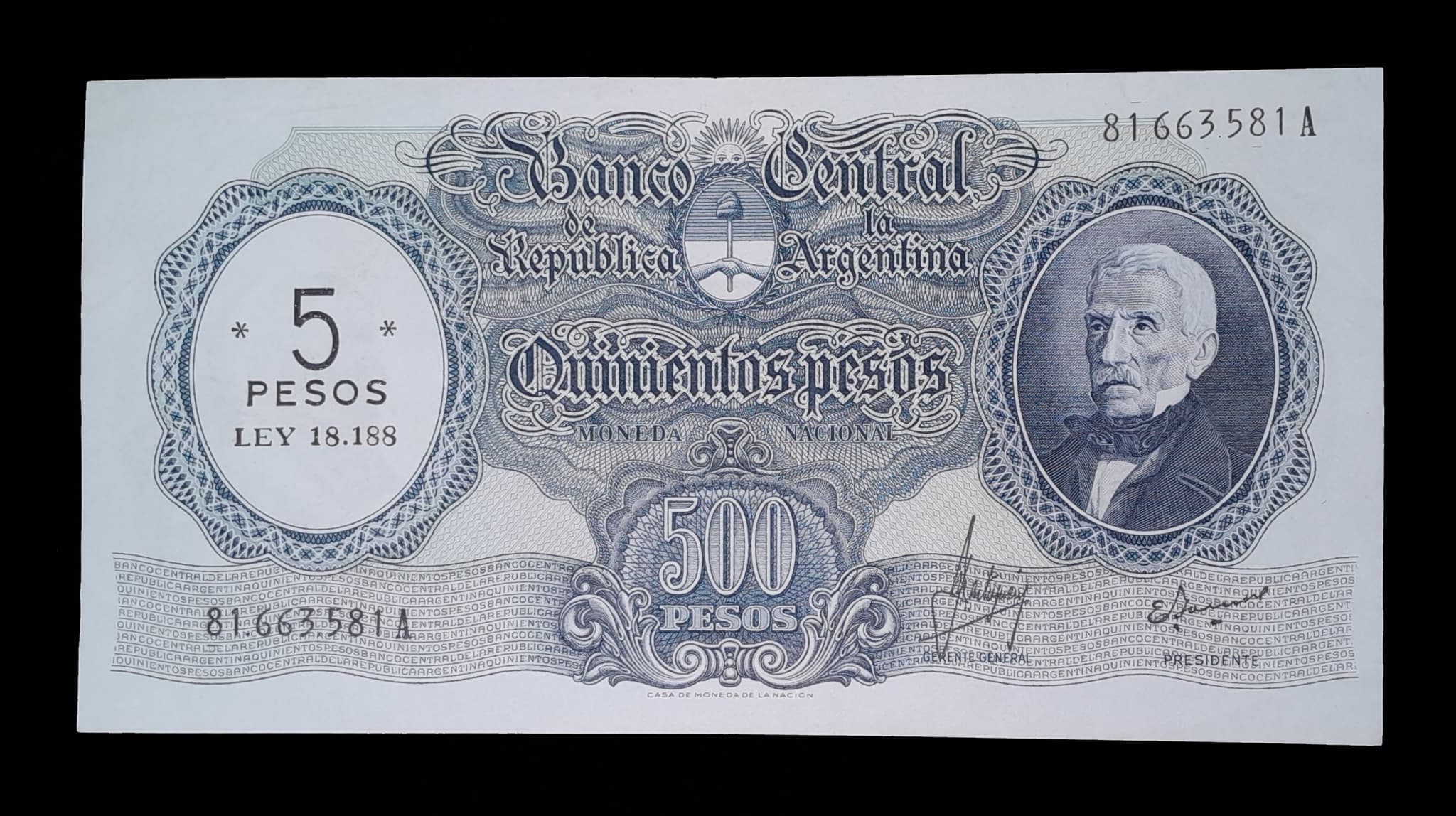 Argentina 5 Pesos Ley s/ 500 Nac. 1970 Serie A Exc Col. 553b