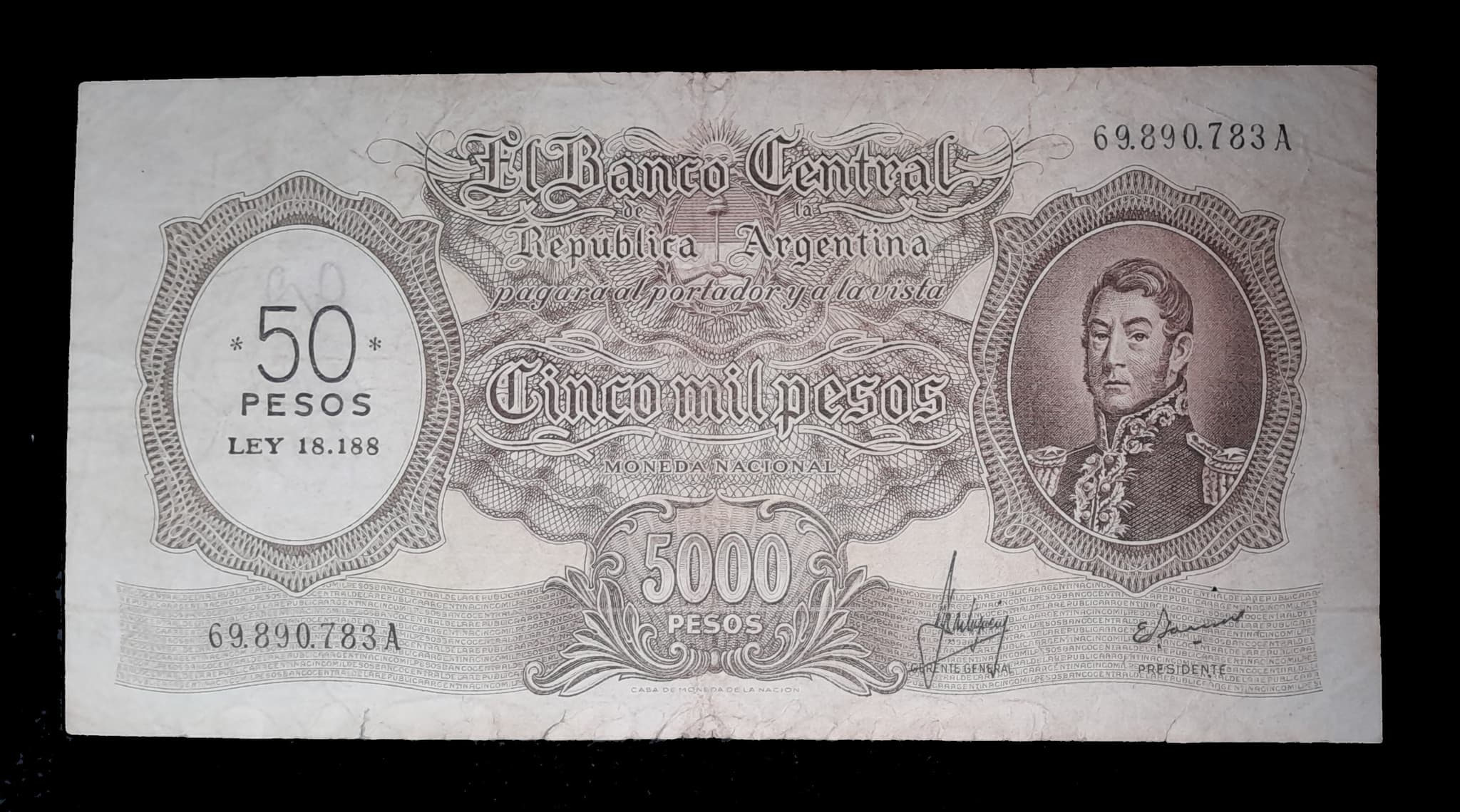 Argentina 50 Pesos Ley S/5000 Nac. 1969 Serie A MB Col. 555b