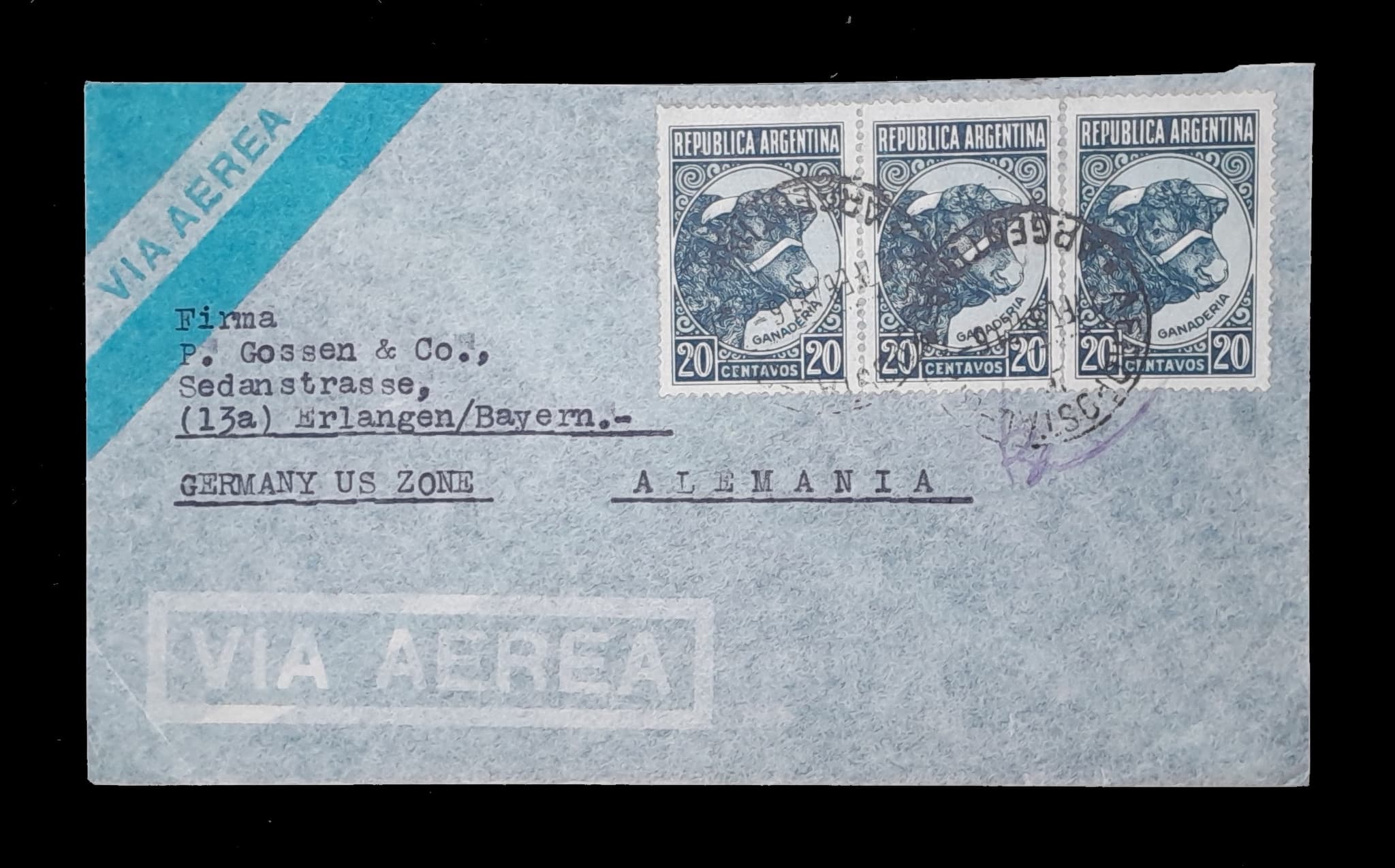 Argentina Sobre Aereo circulado a Alemania Zona Americana 1948