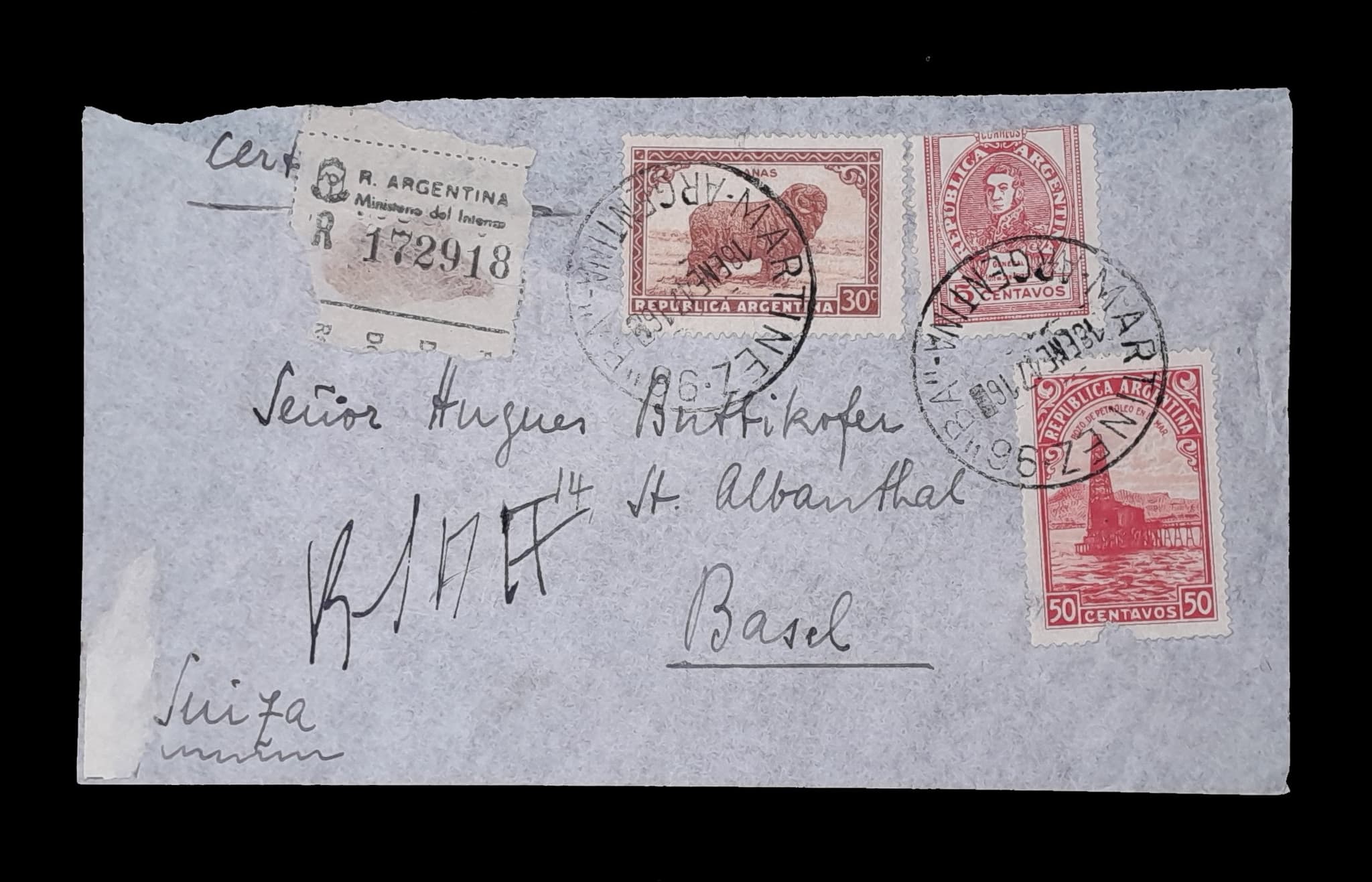 Argentina Sobre Aereo circulado a Suiza 1947