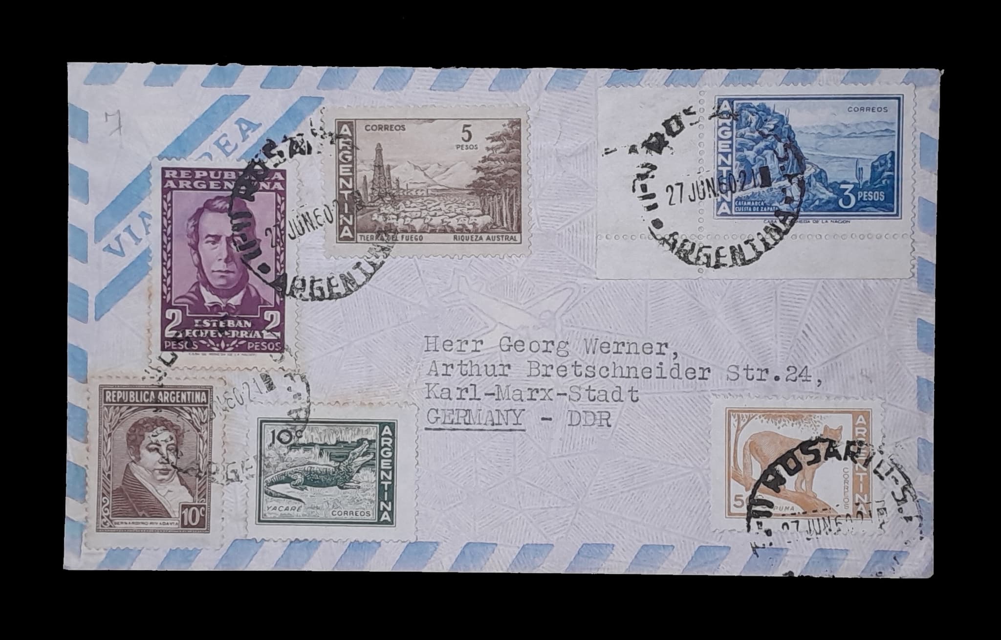 Argentina Sobre Aèreo circulado a Alemania Oriental 1960