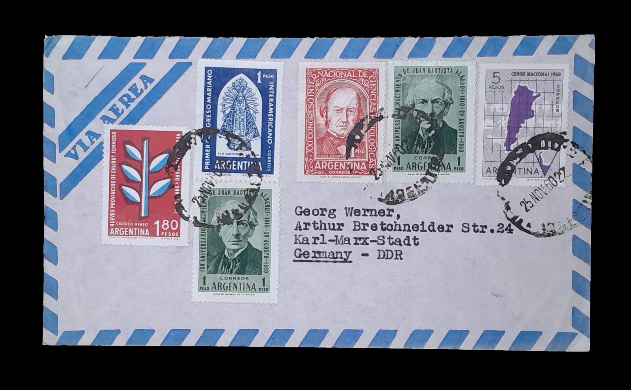 Argentina Sobre Aèreo circulado a Alemania Oriental 1960
