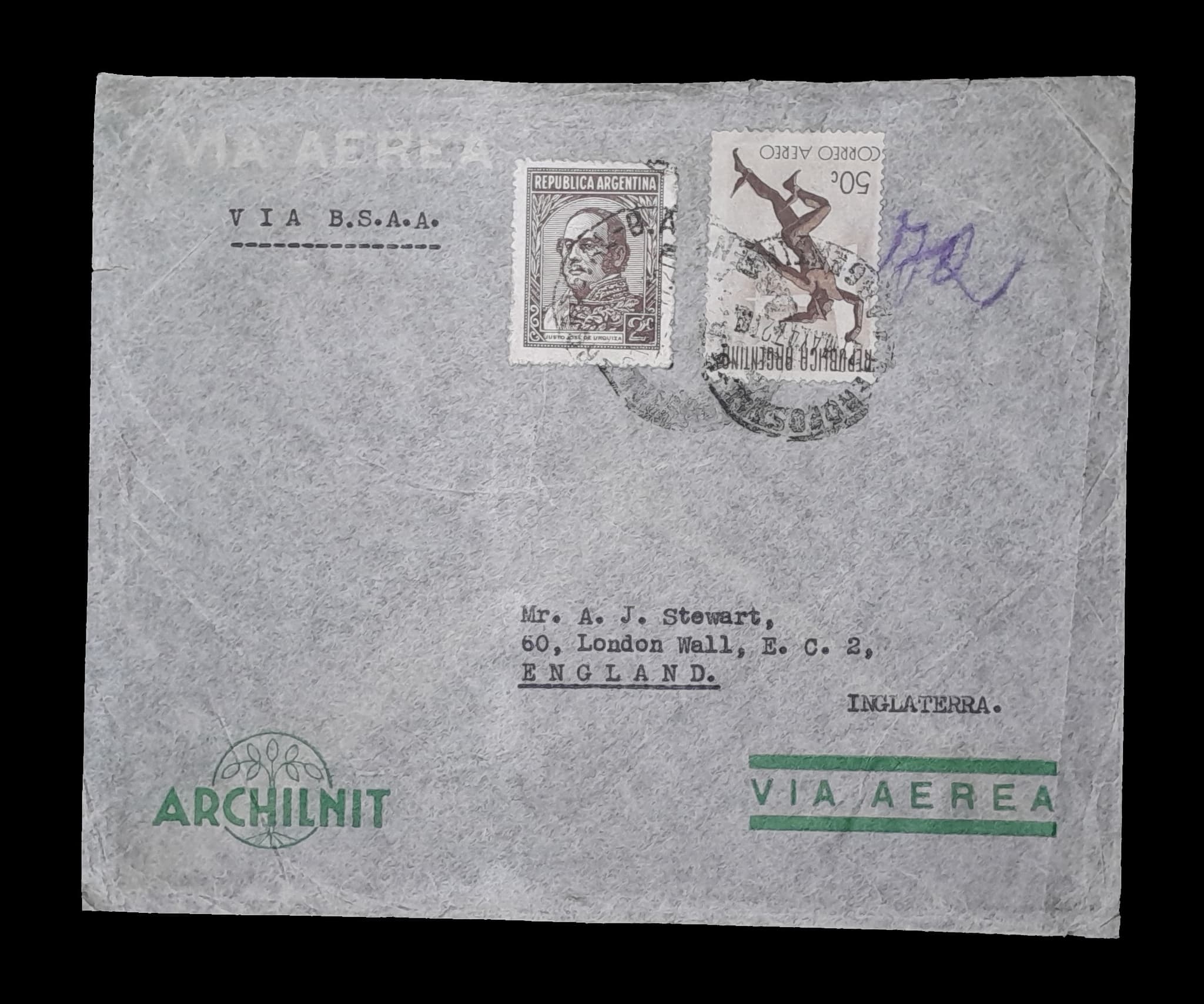 Argentina Sobre Aéreo circulado a Gran Bretaña 1946