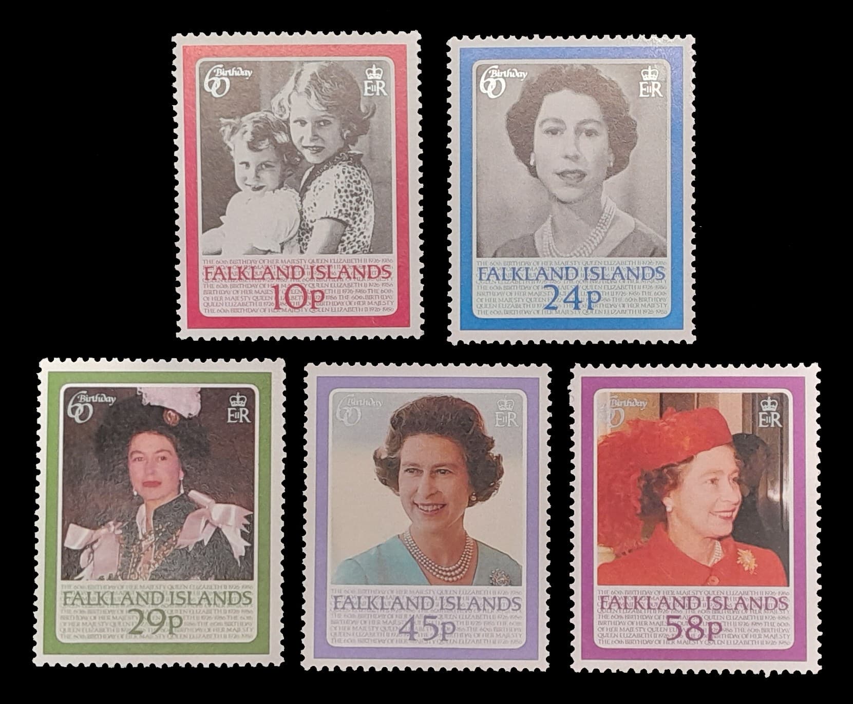 Islas Malvinas 1986 60 años de Elizabeth II Nv. Yv. 456/60